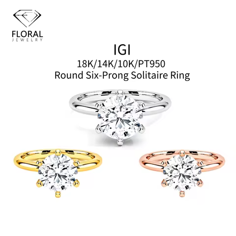 Solitaire Lab Created Diamond IGI Round 6-prong 18K 14K Solid Gold PT950 Engagement Ring Jewelry For