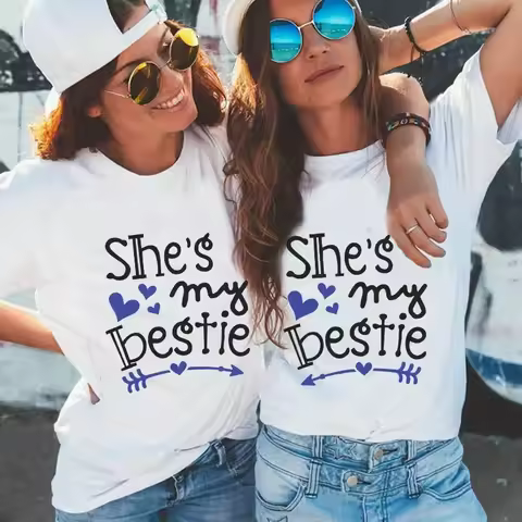 Summer Casual Clothing Shes My Bestie Graphic T Shirt Short Sleeve O-neck Women Best Friends Fashion