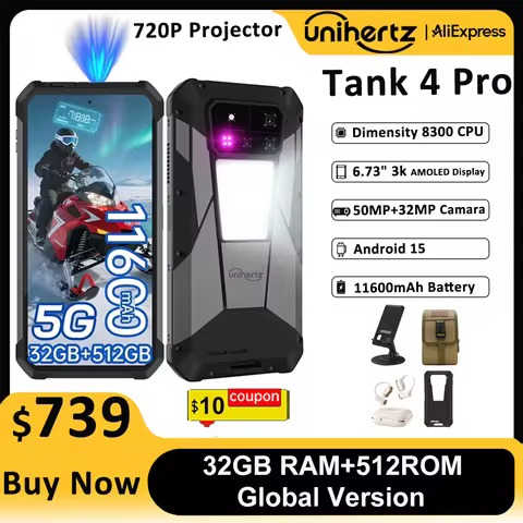 Unihertz Tank 4 pro 8849 Smartphone Android 14 with 720P Projector 5G AI Dimensity 8300 1TB ROM 3K A