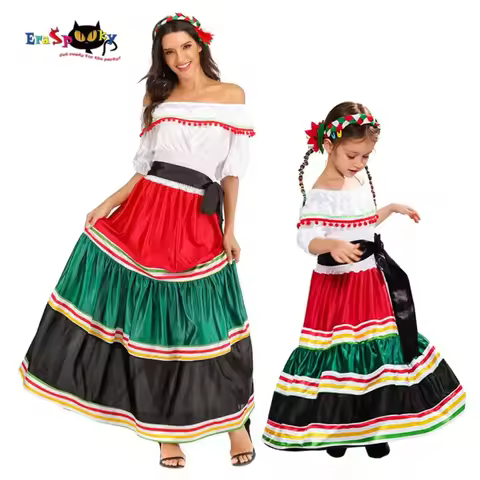 Traditional Folk Mexican Dress Women Girls Halloween Costume For Kids Mexico Carnival Party Family D