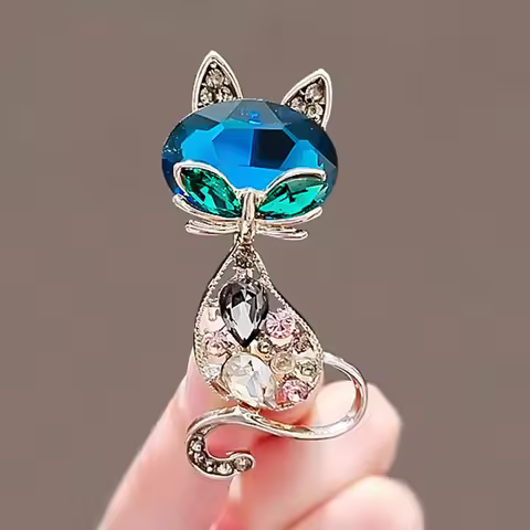 Fashion Blue Crystal Cat Brooches For Women Girls Colorful Rhinestone Animal Fox Pins Korean Corsage