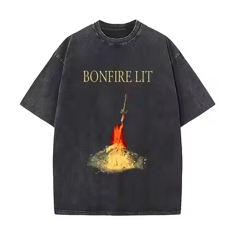 Dark Souls Bonfire Art Graphic Retro Washed Short Sleeve Baggy Streetwear Tops for Summer Vacations