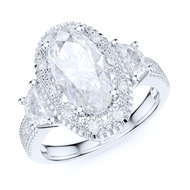 Sterling Silver Vintage Milgrain 3CT Simulated Oval Cut & Half Moon Stone Diamond Halo Engagement Ri