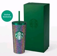 🇹🇭 Starbucks Stainless Steel Bling Rainbow Green Rhinestone Cold 16oz.แก้วคริสตัล สีเชียว แก้วเพชร 🇹