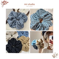 SMALL SIZE blue scrunchie with black flower pattern