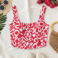 WYWH ผู้หญิงวันหยุดสไตล์สีแดงและสีขาว Graffiti พิมพ์ Hook-And-Eye ปิดเสื้อกล้ามคอสี่เหลี่ยม