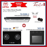 (BUNDLE) TURBO TSL902T-2-BK 90CM CHIMNEY HOOD + TURBO T702GV-BK 2-BURNER GLASS GAS HOB + TURBO TM73-BK 12 FUNC OVEN