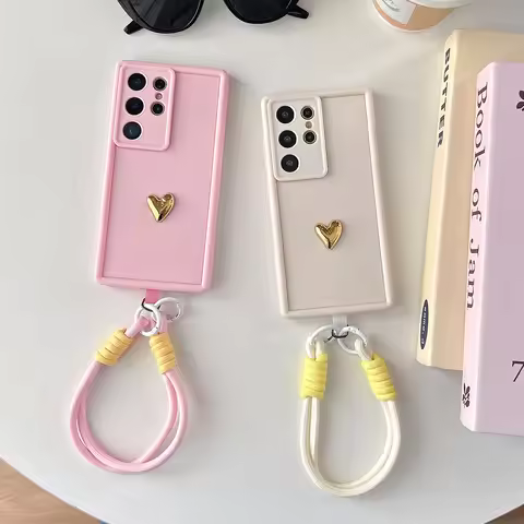 3D Gold Heart Love Wrist Strap Case For Realme 5 6 7 8 9 10 11 12 13 Pro Plus 5G 5i 7i 8i 9i 12 Lite