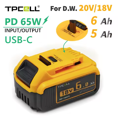 TPCELL PD65W 5/6AH For Dewalt 18V/20V Battery with Type-C Input/Output Power Tools Li-ion Replacemen