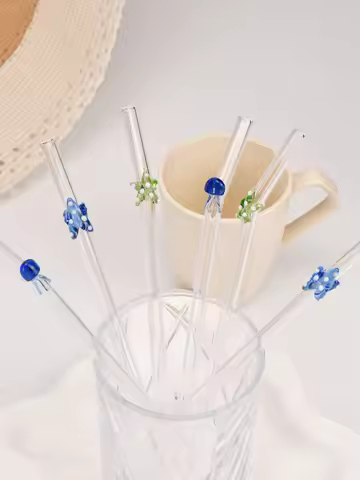 1/4PCS Ocean Themed Reusable Glass Straws, Iced Drinks Tea Smoothie Straw, Beach Party Dessert Shop 