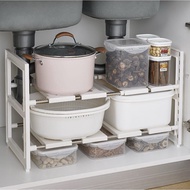 Multipurpose 2-Tier Under-Kitchen Shelf Can Be Extended and Shortened - Plastic Under-Sink Pot Rack 