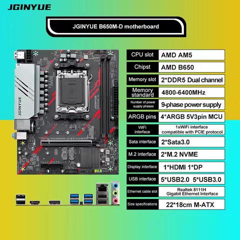 JGINYUE B650M-D Motherboard AM5 DDR5 PCI-E 4.0 USB 3.2 M.2 for AMD Ryzen 7000 AMD AM5 7000/8000/9000