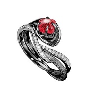 紅寶石14k金鑽石馬蹄蓮結婚戒指組合 海芋花原石密鑲求婚戒指套裝