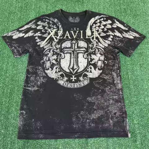 Men's Y2K Xzavier Black AOP Angel Wings Cross Affliction Style Black T-Shirt XL