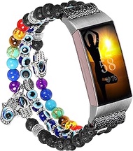 7 Chakra Healing Bracelet Lava Rock Beaded Band Compatible with Fitbit Charge 4 / Fitbit Charge 3 / Charge 3 SE with Stainless Steel Adapter