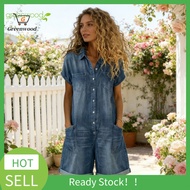 GRE Summer Jumpsuit Trendy Women Romper Women’s Denim Romper Jumpsuit Short Sleeve Button-down Jean 