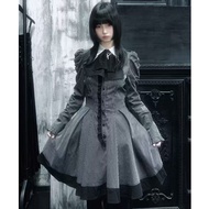 [Gothic Shadow] Fluffy Gothic Dress with Dark Stripes and Lace Detailing