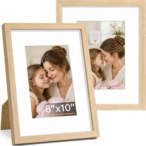 Two Solid Wood 8x10 Picture Frames for Wall or Tabletop Display 5x7 with Mat or 8x10 Without Natural