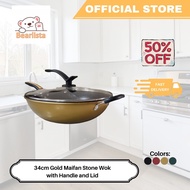 34cm Non Stick Pan Gold Wok With Lid Cover Composite Coating Induction Iron
