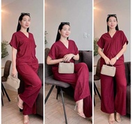 gina Plain Color Textured  V Neck Top and Pants Terno Set for Women  - fits XS to large - good quali