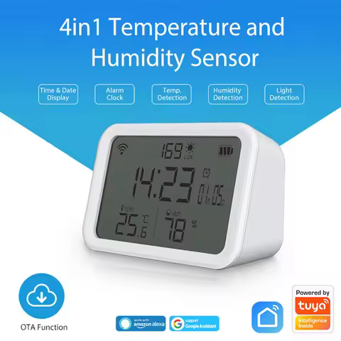 Tuya WiFi Illumination Clock Battery Powered 4 in 1 Smart Temperature Humidity Sensor 2.4GHz LCD Dig