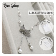 Bliss Galerie 316L Stainless Steel Pearl & Bow Pendant Necklace - Silver Tone Electroplating, Faux P