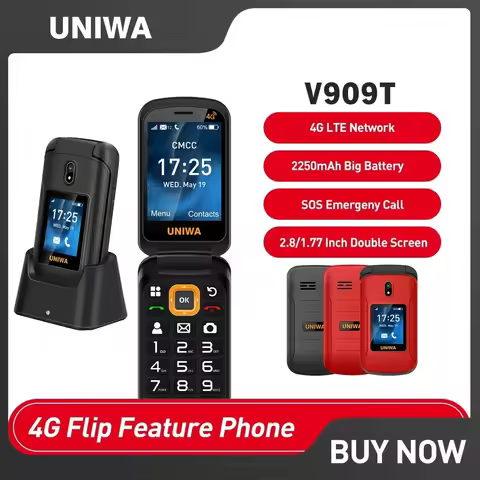 UNIWA V909T 4G Flip Phone Dual Screen Cellphone Big Push-Button Mobile Phone for Elderly 2250mAh Rus
