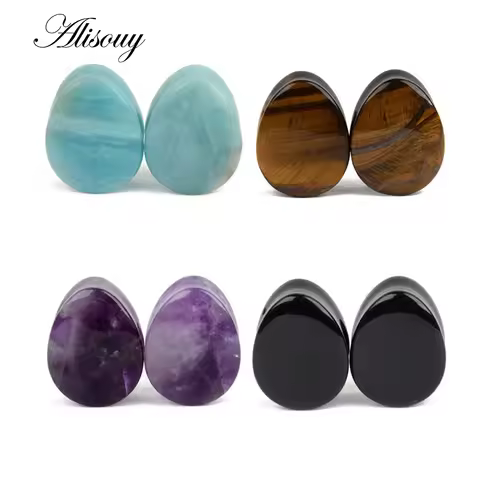 Alisouy 2 pieces Fashion Stone Teardrop Ear Plugs Tunnel Earring Gauges Ear Expanders Stretcher Plug