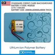 3.7V 110mAh 402020 Lithium Polymer Battery MP3 MP4 GPS Bluetooth Watch Microphone [Bateri Lipo]
