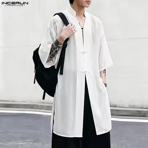 INCERUN Men's Shirt Solid Vintage V Neck Half Sleeve Men Clothes See Through Button Long Style Tops