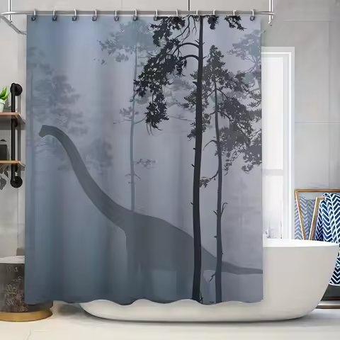 Forest Animal Printed Shower Curtain Waterproof Bath Decor Jurassic World Style Dinosaur Print Gray 