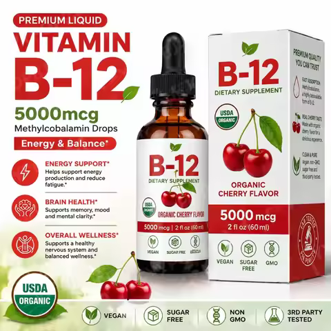 Vitamin B12 Drops 5000mcg Methylcobalamin Liquid Sublingual Supplement Cherry Flavor Vegan Sugar Fre