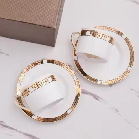 Fine Bone China Gold Coffee Cup Saucer Set with Plates and Dessert Dishes Luxury Hotel Restaurant Ho
