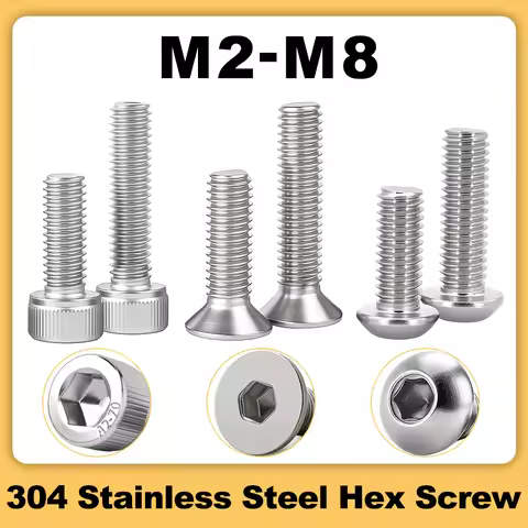 304 Stainless Steel Hex Socket Screw Thread Metal Machine Bolts M3 M4 M5 M6 M8 DIN912 DIN7991 ISO738