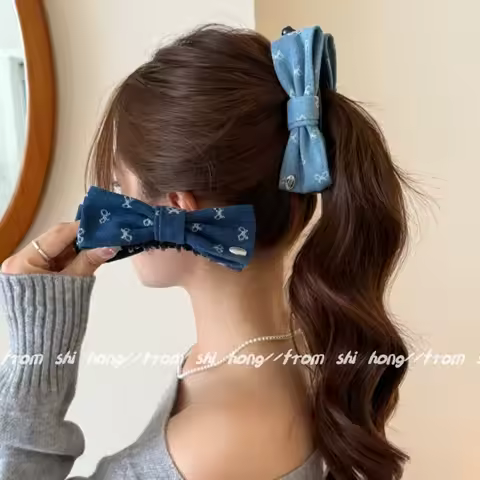 1pc Korean-style blue denim bow banana clip, elegant half-up ponytail hair clip for the back of the 