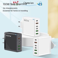CHAMPIONO 160W Charger Plug, USB A+C 6 Ports Phone Charger Adapter, EU/US/UK with LED Fast Charging 