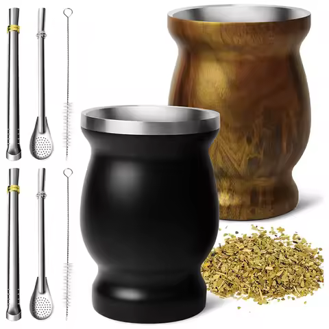 Stainless Steel Yerba Mate Cup Set Double-Wall Mate Cup with 2 Bombillas Yerba Mate Gourd Set With S