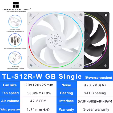 Thermalright TL-S12R-W Case Fan 120mm HALO Reverse CPU Cooling Fan CPU Air Cooler TL-S12 5V 3PIN ARG