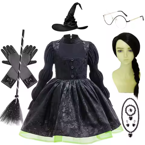 Girls Halloween Elphaba Dress Halloween Cosplay Costume Children Wicked Witch Black Frocks Long Slee