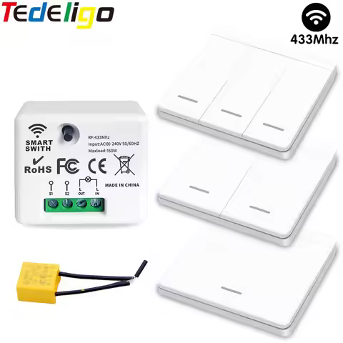 Tedeligo RF 433MHz Without Neutral Light Switch 2 Way Control Module 1/2/3 Gang Wireless Remote Cont