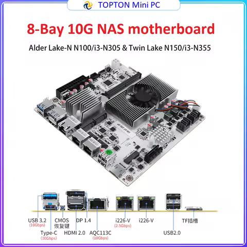 10G Intel i3-N300 8-Bay NAS Motherboard N150 2*2.5G LAN DDR5 2*NVMe 2*SFF-8643 8*SATA PCIex1 Type-C 