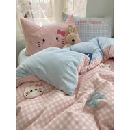 Korean Style Embroidered Cat Bedding Set Mixed Checkered Bedding Set, Imported Bedding Set