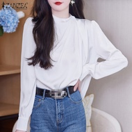ZANZEA เสื้อผู้หญิงสไตล์เกาหลีเสื้อเบลาส์แขนยาวทรงหลวมคอกลมผ้าไหมซาตินจีบแบบไม่สม่ำเสมอ #11