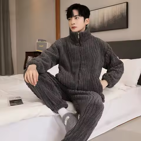 Newest M-5XL Men's Pajamas Set Winter Male Thickening Long Sleeve Pajamas Casual Flannel Pyjama Pija