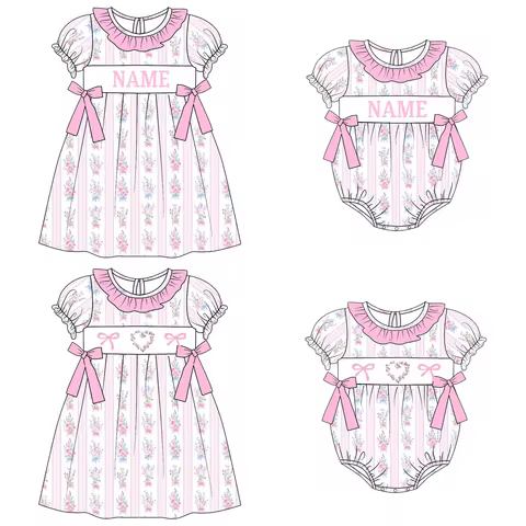 Kids Girls Sibling Sister summer Smocked Custom Name Applique Flowers Print Casual Knee-Length Dress