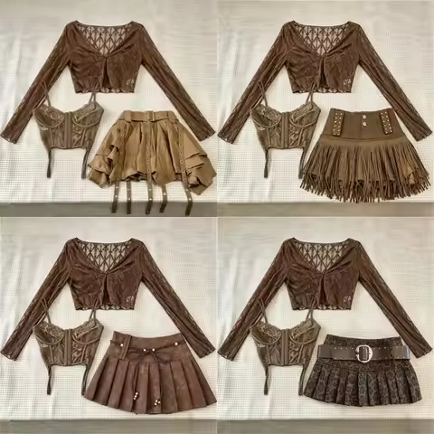 Harajuku Vintage 3 Piece Outfit Korean Fashion Women Short Lace Cardigan + Slim Vest + Y2K E-Girl Hi