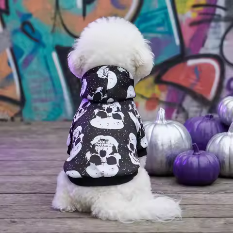 Halloween Skull Dog Hoodie Black White Vintage Skeleton Pet Hooded Sweatshirt Soft Puppy Hooded Pull