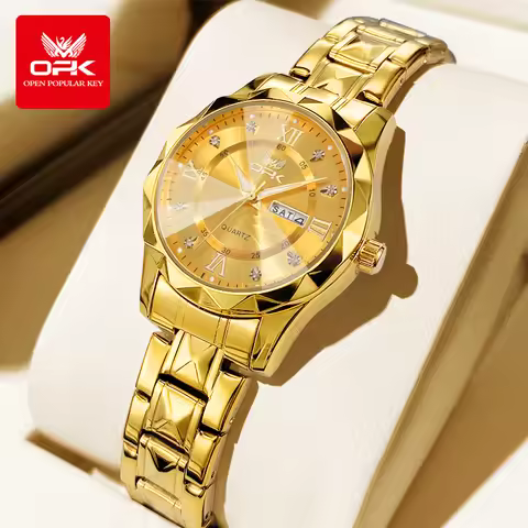 OLEVS 6023 Women's Watches Luxury Mature Gold Wristwatch Date Week Stainless steel Waterproof Quartz