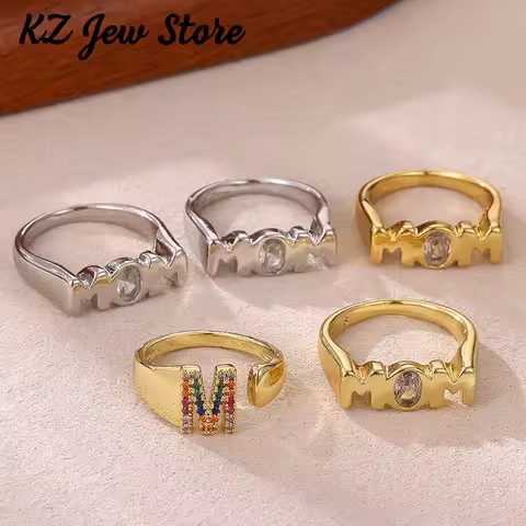 Mom Royal Ring Women Gold Color 3D Letter Casting Rings 7 8 Size Rhinestone Anillos Acero Inoxidable