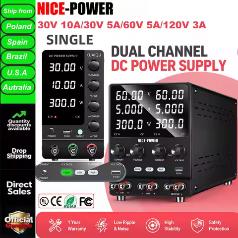 KUAIQU 30V 10A Adjustable Lab Power Supply 30V 60V 5A Single/Dual Channel Teaching Power Supply 120V
